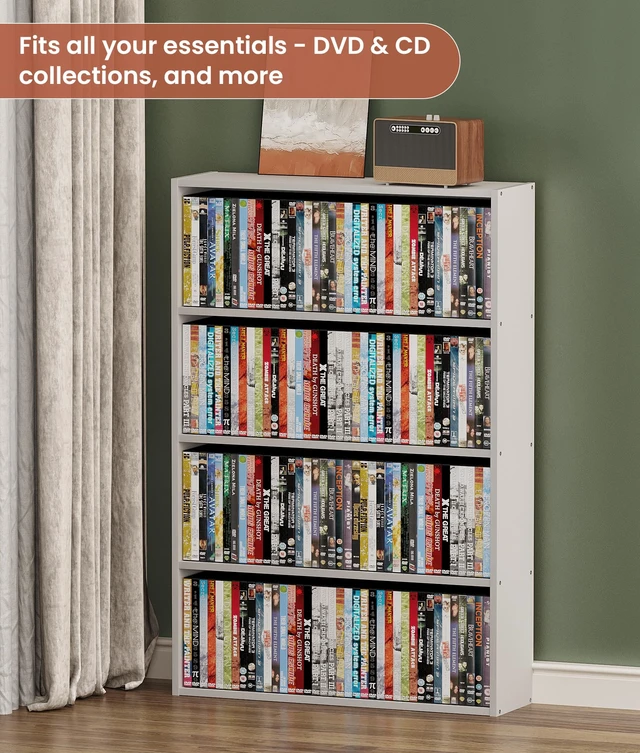 Alt view image 5 of 7 - DVD Storage Rack, 4 Tier Media Organizer Shelf for CDs, Video Games & Movies, CD Tower Storage Rack for Living Room Home Office, Holds 160+ DVDs(White)