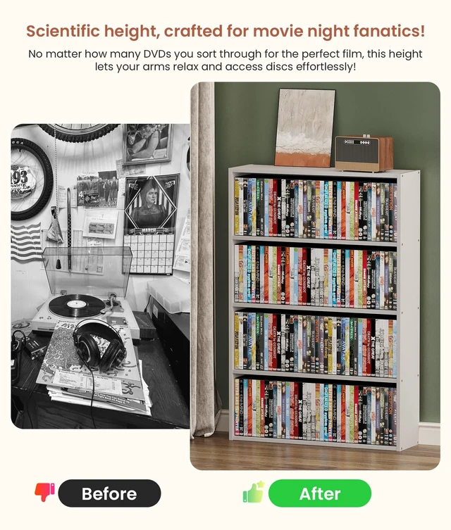 Alt view image 6 of 7 - DVD Storage Rack, 4 Tier Media Organizer Shelf for CDs, Video Games & Movies, CD Tower Storage Rack for Living Room Home Office, Holds 160+ DVDs(White)