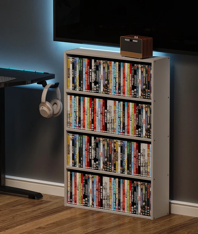 Alt view image 7 of 7 - DVD Storage Rack, 4 Tier Media Organizer Shelf for CDs, Video Games & Movies, CD Tower Storage Rack for Living Room Home Office, Holds 160+ DVDs(White)