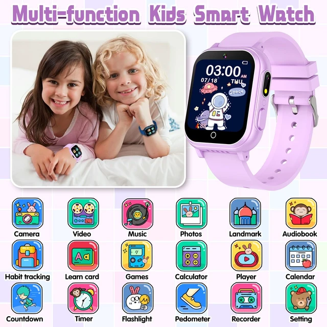 Alt view image 2 of 7 - Kids Smart Watch Gift for Girls Ages 3-12, IP67 Waterproof, 32 Puzzle Games, HD Touchscreen Dual Camera Vedio Pedometer Music Player, Kids Watch Toy Birthday Gifts for Girls Ages 5 6 7 8 9 10 (Purple)