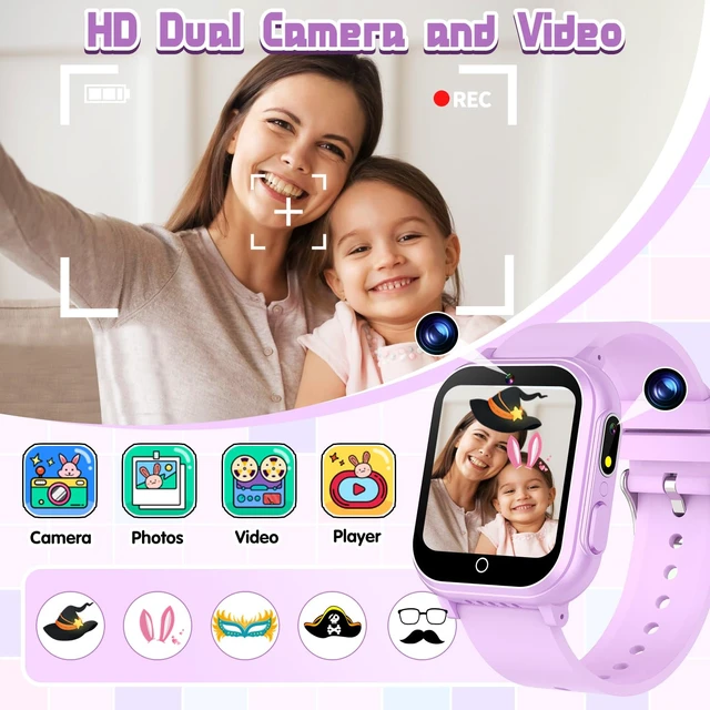 Alt view image 6 of 7 - Kids Smart Watch Gift for Girls Ages 3-12, IP67 Waterproof, 32 Puzzle Games, HD Touchscreen Dual Camera Vedio Pedometer Music Player, Kids Watch Toy Birthday Gifts for Girls Ages 5 6 7 8 9 10 (Purple)