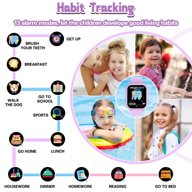 Alt view image 7 of 7 - Kids Smart Watch Gift for Girls Ages 3-12, IP67 Waterproof, 32 Puzzle Games, HD Touchscreen Dual Camera Vedio Pedometer Music Player, Kids Watch Toy Birthday Gifts for Girls Ages 5 6 7 8 9 10 (Purple)