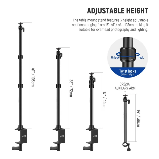 Alt view image 2 of 7 - Camera Desk Mount with Overhead C Amera Mounting Arm and 1/4" Ball Head, 17" - 41" Adjustable Tabletop Light Stand with C Clamp for DSLR Camera, Ring Light, Webcam, Photo Video Shooting