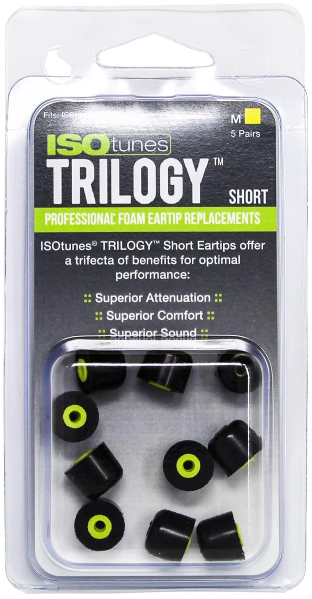 Main image of Trilogy Foam Eartips for Earbuds (5 Pair, Short M, Yellow) Compatible with PRO, XTRA and WIRED earbuds, 5 pairs, short medium, yellow foam eartips