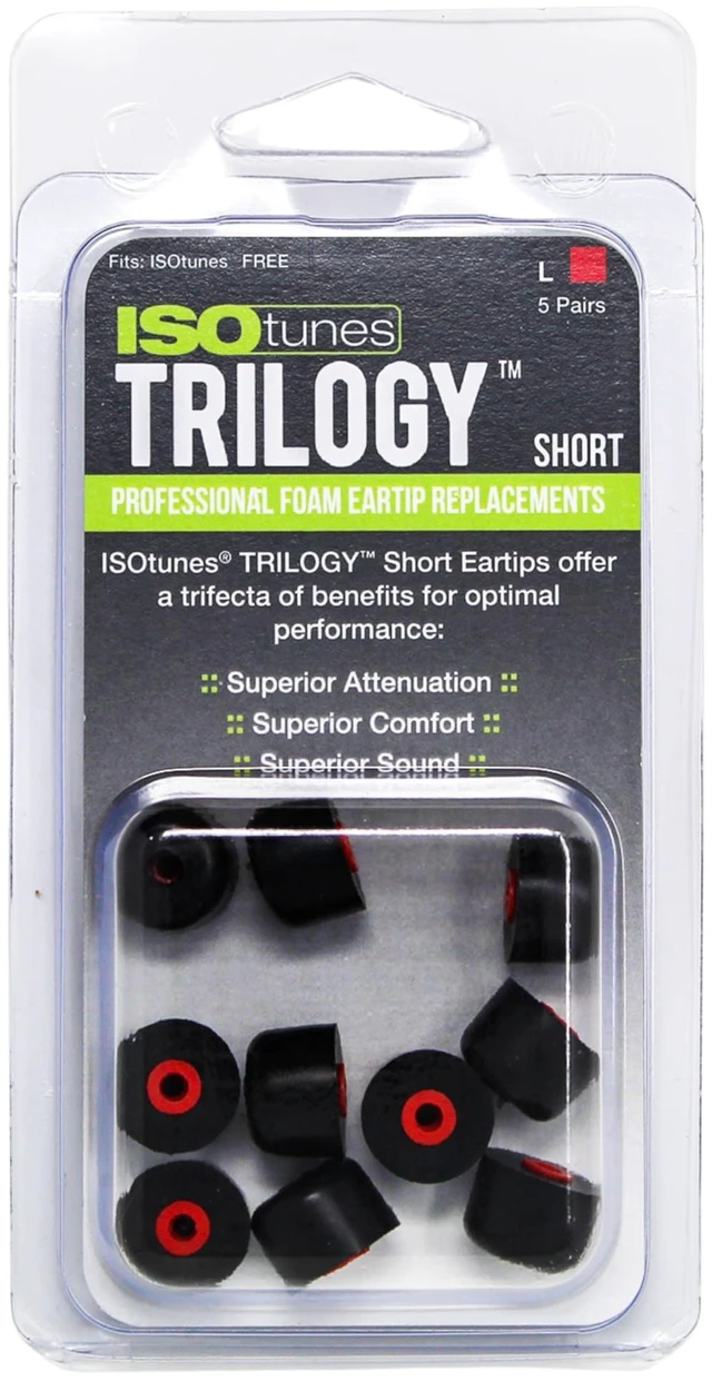 Main image of Trilogy Foam Eartips for Earbuds (5 Pair, Short L, Red) Compatible with PRO, XTRA and WIRED earbuds, 5 pairs, short large, red foam eartips