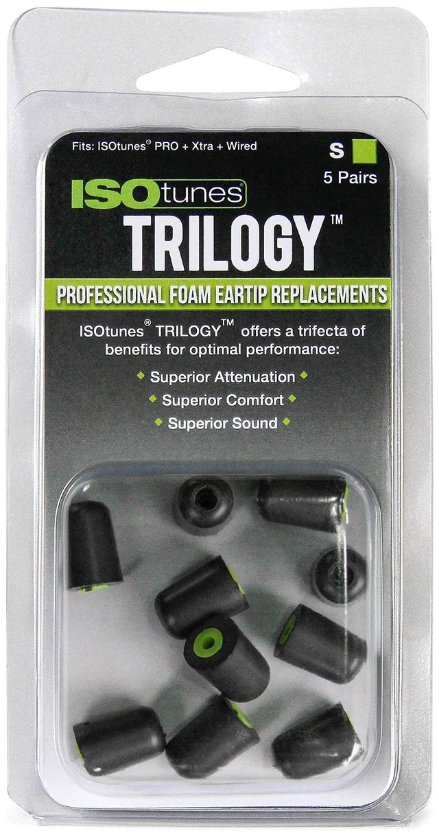 Main image of Trilogy Foam Ear Protection Eartips (5 Pair Pack, Small, Green) Compatible with PRO, Xtra and WIRED earbuds, 5 pairs, small size, green foam replacement eartips