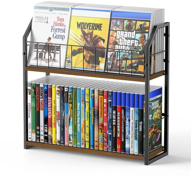 Main image of 2-Tier DVD Storage Rack, DVD Rack & Video Game Shelf for Media Room-Walnut DVD Holder, Blu Ray Storage, Stores Up to 56 DVDs, Video Game Shelf for Media Room and Game Room, Gift Idea for Music Lovers