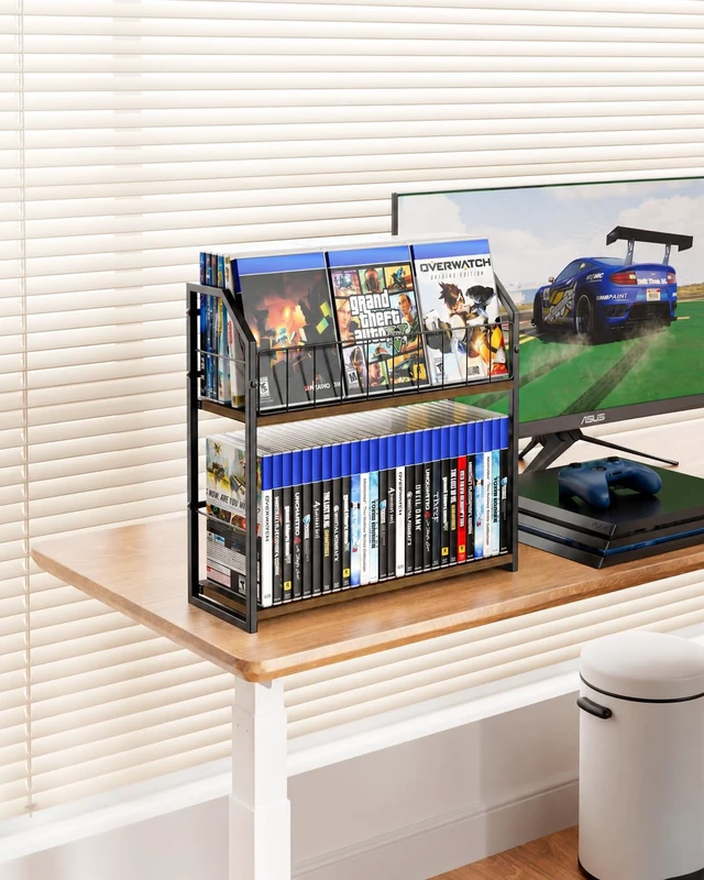 Alt view image 3 of 7 - 2-Tier DVD Storage Rack, DVD Rack & Video Game Shelf for Media Room-Walnut DVD Holder, Blu Ray Storage, Stores Up to 56 DVDs, Video Game Shelf for Media Room and Game Room, Gift Idea for Music Lovers
