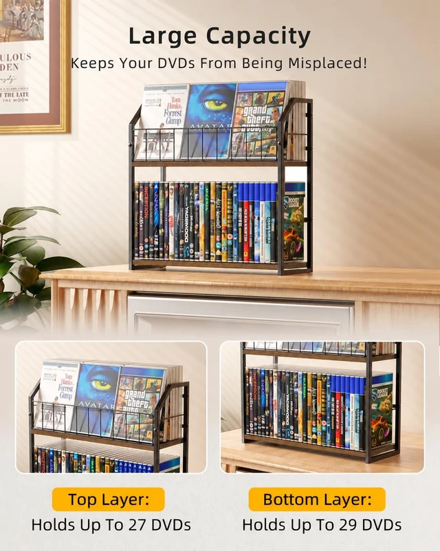 Alt view image 5 of 7 - 2-Tier DVD Storage Rack, DVD Rack & Video Game Shelf for Media Room-Walnut DVD Holder, Blu Ray Storage, Stores Up to 56 DVDs, Video Game Shelf for Media Room and Game Room, Gift Idea for Music Lovers