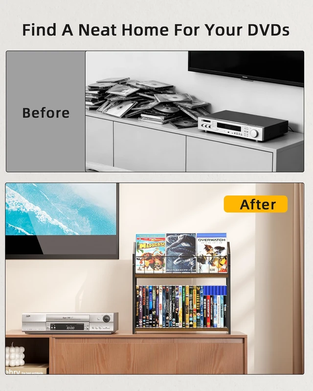 Alt view image 6 of 7 - 2-Tier DVD Storage Rack, DVD Rack & Video Game Shelf for Media Room-Walnut DVD Holder, Blu Ray Storage, Stores Up to 56 DVDs, Video Game Shelf for Media Room and Game Room, Gift Idea for Music Lovers
