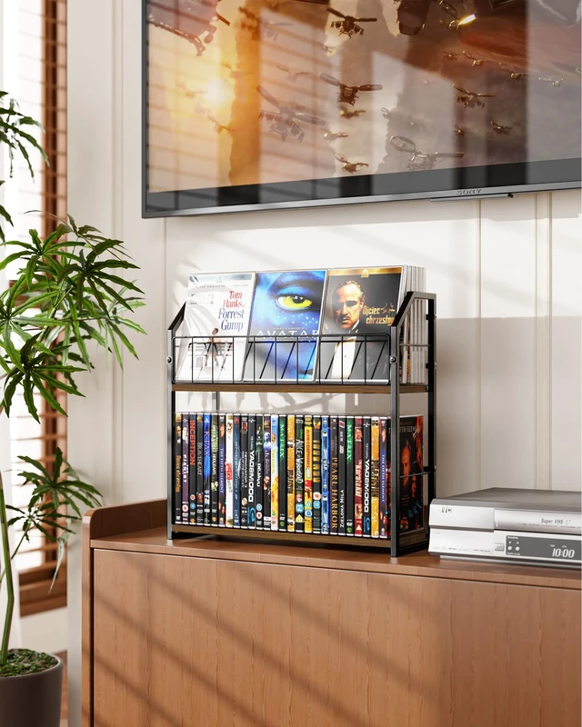Alt view image 7 of 7 - 2-Tier DVD Storage Rack, DVD Rack & Video Game Shelf for Media Room-Walnut DVD Holder, Blu Ray Storage, Stores Up to 56 DVDs, Video Game Shelf for Media Room and Game Room, Gift Idea for Music Lovers