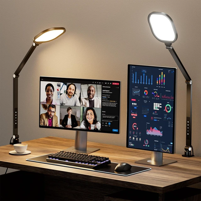 Main image of 2 Packs Led Desk Lamps for Home Office, 1200LM Dimmable Clamp-on Desktop Light, Adjustable Swing Arm Ring Light with Stand, Memory & Timer Function, Eye-Caring Design
