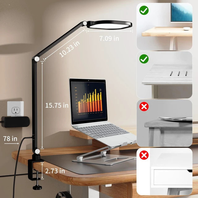 Alt view image 7 of 7 - 2 Packs Led Desk Lamps for Home Office, 1200LM Dimmable Clamp-on Desktop Light, Adjustable Swing Arm Ring Light with Stand, Memory & Timer Function, Eye-Caring Design