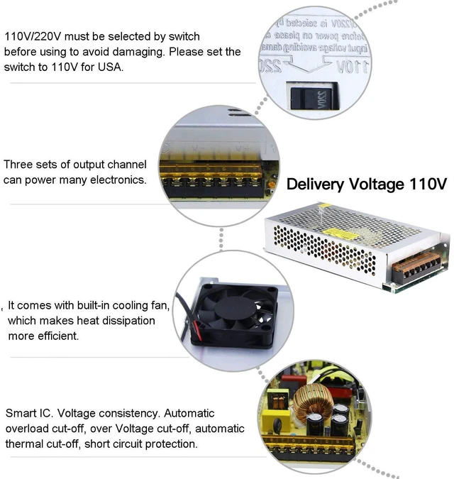 Alt view image 5 of 6 - 10A 120W 12V DC Power Supply, Universal Regulated Switching AC 110V/220V to DC Converter (SMPS) Transformer Driver Adapter for LED Strip Lights, CCTV Camera System, 3D Printer, Radio, Computer Project