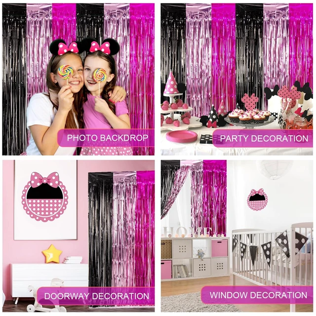 Alt view image 6 of 7 - Cartoon Mouse Birthday Party Supplies, 5PCS Cute Mouse Foil Fringe Curtains Black Pink Fuchsia Cartoon Mouse Photo Booth Prop Streamer Backdrop, Kawaii Party Decorations for Girls Baby