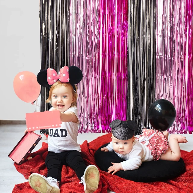 Alt view image 4 of 7 - Cartoon Mouse Birthday Party Supplies, 5PCS Cute Mouse Foil Fringe Curtains Black Pink Fuchsia Cartoon Mouse Photo Booth Prop Streamer Backdrop, Kawaii Party Decorations for Girls Baby