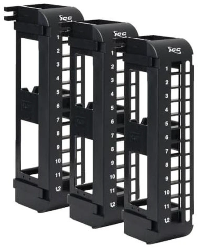 Main image of 12-Port Blank Keystone Patch Panel, Wall Mount, Black, 3-Pack 89U bracket included, UL Listed, slim profile jack compatibility, ABS construction, flush-face fit