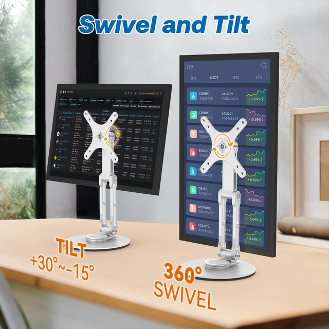 Alt view image 4 of 7 - Swivel and Tilt Stand for Echo Show 15 (Gen 1, Gen 2), Portable Monitor Stand, Adjustable Angle and Height with 360° Rotation Bases, Switching Between Landscape and Portrait Screens (Silver)