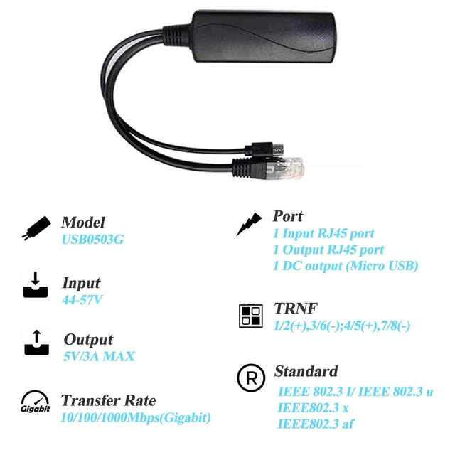 Alt view image 4 of 6 - Gigabit Micro USB PoE Splitter 5V 3A, IEEE 802.3af/at Standard 10/100/1000Mbps for Raspberry Pi 4, Tablets, Dropcam Power Over Ethernet USB Splitter Adapter (USB0503G Black)