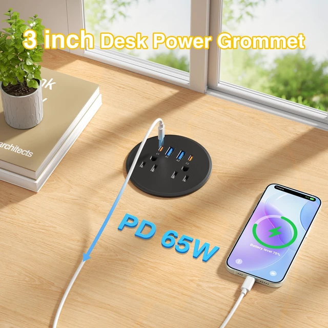Alt view image 2 of 7 - Desk Power Grommet USB-C PD 65W, 2 Outlets 4 USB Charging Ports, 3" Cutout 3 Inch Recessed Grommet Outlet, 2 USB-C and 2 USB-A Ports, Flush Mount for Desktop,Workspace Nightstand