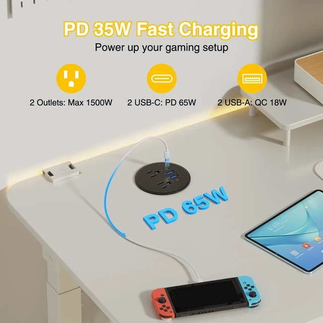 Alt view image 3 of 7 - Desk Power Grommet USB-C PD 65W, 2 Outlets 4 USB Charging Ports, 3" Cutout 3 Inch Recessed Grommet Outlet, 2 USB-C and 2 USB-A Ports, Flush Mount for Desktop,Workspace Nightstand