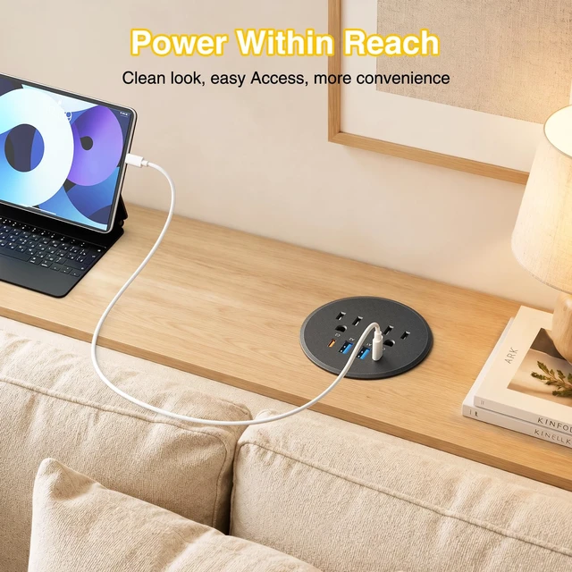 Alt view image 4 of 7 - Desk Power Grommet USB-C PD 65W, 2 Outlets 4 USB Charging Ports, 3" Cutout 3 Inch Recessed Grommet Outlet, 2 USB-C and 2 USB-A Ports, Flush Mount for Desktop,Workspace Nightstand