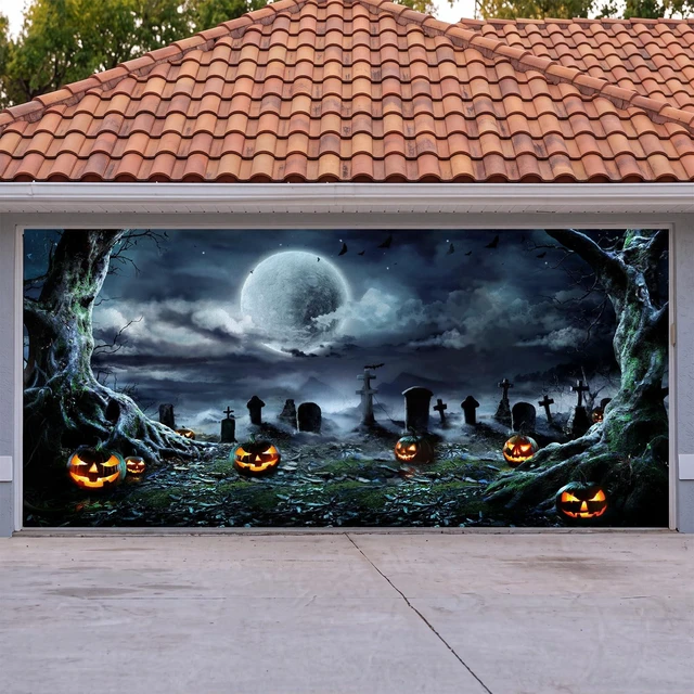 Main image of 7 x 16 ft Halloween Garage Door Cover Decoration Graveyard Backdrop Double Car Garage Door Banner, Graveyard Scene Outdoor Halloween Decor, Waterproof Horror Decor for Halloween Backdrop