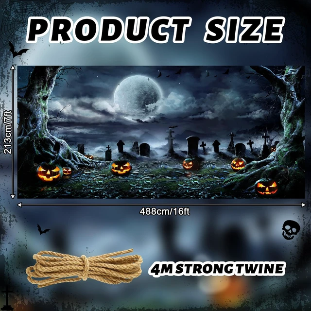 Alt view image 2 of 7 - 7 x 16 ft Halloween Garage Door Cover Decoration Graveyard Backdrop Double Car Garage Door Banner, Graveyard Scene Outdoor Halloween Decor, Waterproof Horror Decor for Halloween Backdrop
