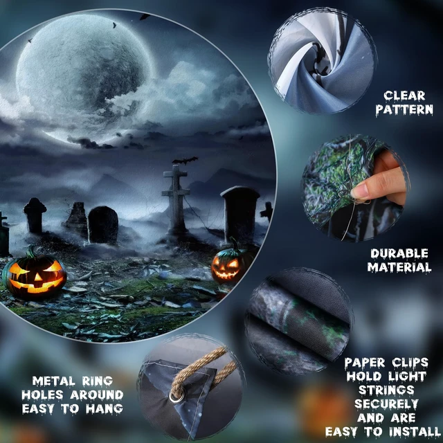 Alt view image 3 of 7 - 7 x 16 ft Halloween Garage Door Cover Decoration Graveyard Backdrop Double Car Garage Door Banner, Graveyard Scene Outdoor Halloween Decor, Waterproof Horror Decor for Halloween Backdrop
