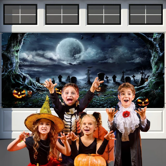 Alt view image 4 of 7 - 7 x 16 ft Halloween Garage Door Cover Decoration Graveyard Backdrop Double Car Garage Door Banner, Graveyard Scene Outdoor Halloween Decor, Waterproof Horror Decor for Halloween Backdrop