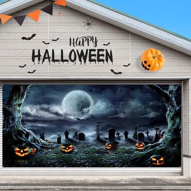 Alt view image 6 of 7 - 7 x 16 ft Halloween Garage Door Cover Decoration Graveyard Backdrop Double Car Garage Door Banner, Graveyard Scene Outdoor Halloween Decor, Waterproof Horror Decor for Halloween Backdrop