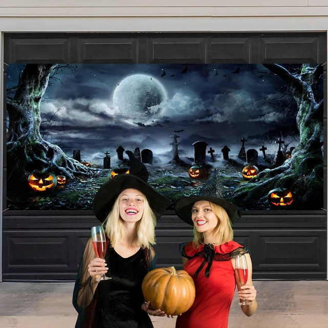 Alt view image 7 of 7 - 7 x 16 ft Halloween Garage Door Cover Decoration Graveyard Backdrop Double Car Garage Door Banner, Graveyard Scene Outdoor Halloween Decor, Waterproof Horror Decor for Halloween Backdrop