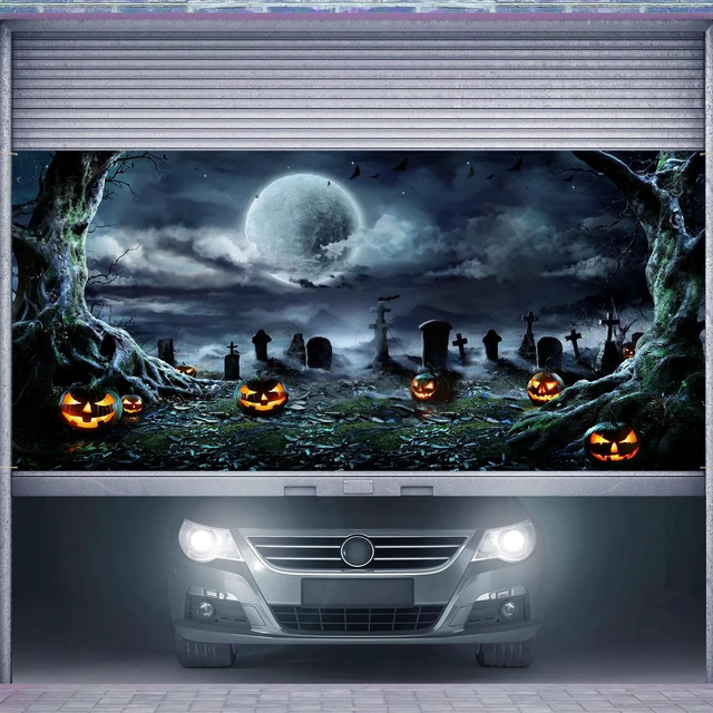 Alt view image 5 of 7 - 7 x 16 ft Halloween Garage Door Cover Decoration Graveyard Backdrop Double Car Garage Door Banner, Graveyard Scene Outdoor Halloween Decor, Waterproof Horror Decor for Halloween Backdrop