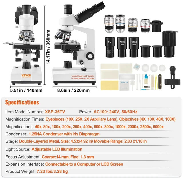 Alt view image 7 of 7 - Trinocular Compound Microscope, 40X-5000X Magnification, Digital Laboratory Trinocular Compound LED Microscope Two-Layer Mechanical Stage Computer Connection for Students and Laboratory