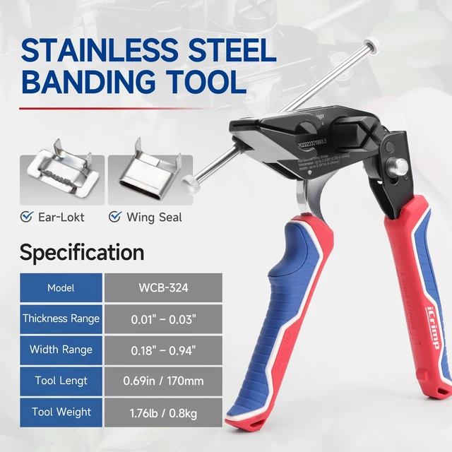 Alt view image 2 of 7 - iCrimp Steel Strapping Banding Tool, Metal Tensioner Built-In Cutter for 0.18" to 0.94" Width Stainless Steel Tie, Suitable for Cable Grips, Automotive Wire Harness, Utility Poles, WCB-324
