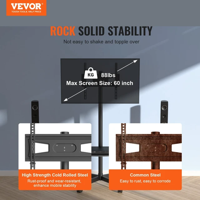 Alt view image 2 of 7 - Mobile TV Stand, Mobile TV Cart for 23 to 60 inch TVs, Height Adjustable Portable TV Stand with Wheels, with A Tray for Audio-Visual Devices, Rolling TV Stand with Mount for Bedroom, Living Room