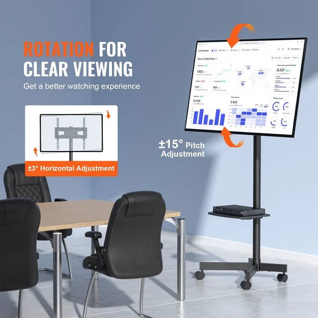 Alt view image 3 of 7 - Mobile TV Stand, Mobile TV Cart for 23 to 60 inch TVs, Height Adjustable Portable TV Stand with Wheels, with A Tray for Audio-Visual Devices, Rolling TV Stand with Mount for Bedroom, Living Room