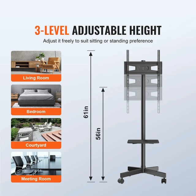 Alt view image 4 of 7 - Mobile TV Stand, Mobile TV Cart for 23 to 60 inch TVs, Height Adjustable Portable TV Stand with Wheels, with A Tray for Audio-Visual Devices, Rolling TV Stand with Mount for Bedroom, Living Room