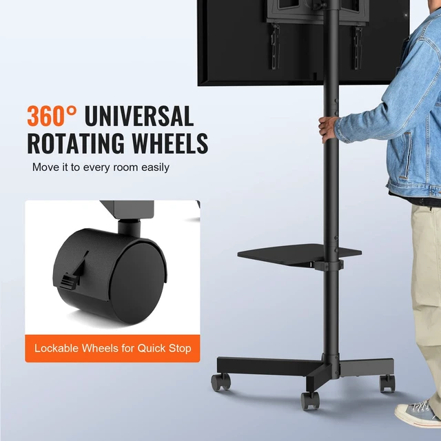 Alt view image 5 of 7 - Mobile TV Stand, Mobile TV Cart for 23 to 60 inch TVs, Height Adjustable Portable TV Stand with Wheels, with A Tray for Audio-Visual Devices, Rolling TV Stand with Mount for Bedroom, Living Room