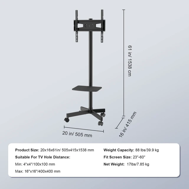 Alt view image 7 of 7 - Mobile TV Stand, Mobile TV Cart for 23 to 60 inch TVs, Height Adjustable Portable TV Stand with Wheels, with A Tray for Audio-Visual Devices, Rolling TV Stand with Mount for Bedroom, Living Room