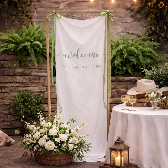 Alt view image 2 of 7 - 27x78" Wedding Banner White, Green Backdrop Bow Hanging Coquette Party Decor with Satin Bow Ties, Long Fabric Sign for Yard Wall, Reusable Backdrop for Photo Booth, Rustic Props