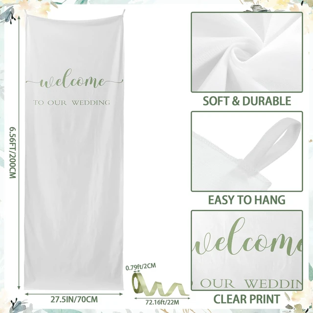 Alt view image 3 of 7 - 27x78" Wedding Banner White, Green Backdrop Bow Hanging Coquette Party Decor with Satin Bow Ties, Long Fabric Sign for Yard Wall, Reusable Backdrop for Photo Booth, Rustic Props