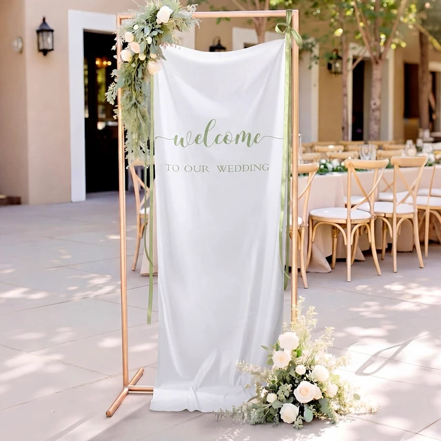 Alt view image 5 of 7 - 27x78" Wedding Banner White, Green Backdrop Bow Hanging Coquette Party Decor with Satin Bow Ties, Long Fabric Sign for Yard Wall, Reusable Backdrop for Photo Booth, Rustic Props