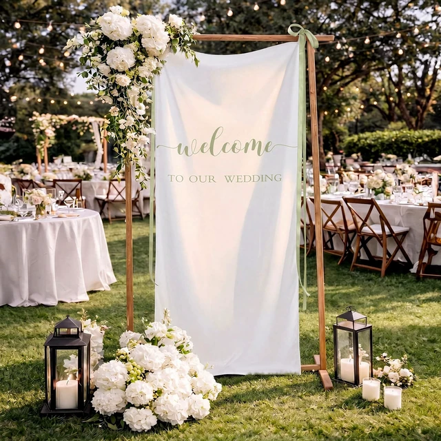 Alt view image 6 of 7 - 27x78" Wedding Banner White, Green Backdrop Bow Hanging Coquette Party Decor with Satin Bow Ties, Long Fabric Sign for Yard Wall, Reusable Backdrop for Photo Booth, Rustic Props