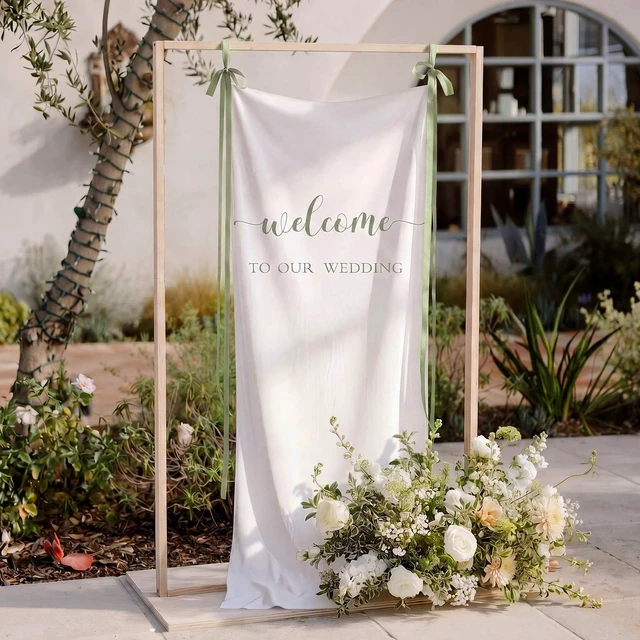 Alt view image 7 of 7 - 27x78" Wedding Banner White, Green Backdrop Bow Hanging Coquette Party Decor with Satin Bow Ties, Long Fabric Sign for Yard Wall, Reusable Backdrop for Photo Booth, Rustic Props