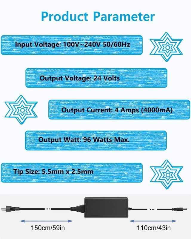 Alt view image 2 of 5 - 24V DC Power Supply 4A Universal AC Adapter, 100-240 50/60Hz Adapter to 24 Volts 4Amp Transformer, DC 24V Power Cord, 5.5mm x 2.5mm Plug
