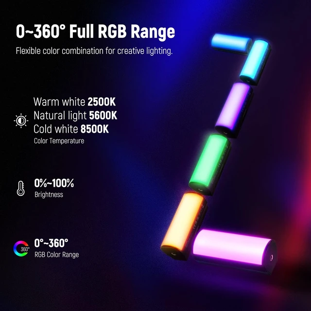 Alt view image 2 of 7 - Basics 2 Pack Magnetic Handheld Light Wand, 360° Full RGB, TL96RGB Mini LED Video Light Stick, 2500mAh Battery, 2500K-8500K Dimmable, Camera Tube Light, for Photography TikTok YouTube Vlog