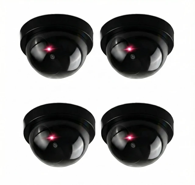 Main image of Fake Security Cameras 4 Pack, Dummy CCTV Dome with Flashing Red LED 4 battery-operated dummy surveillance cameras for indoor and covered outdoor use; no recording, WiFi or app