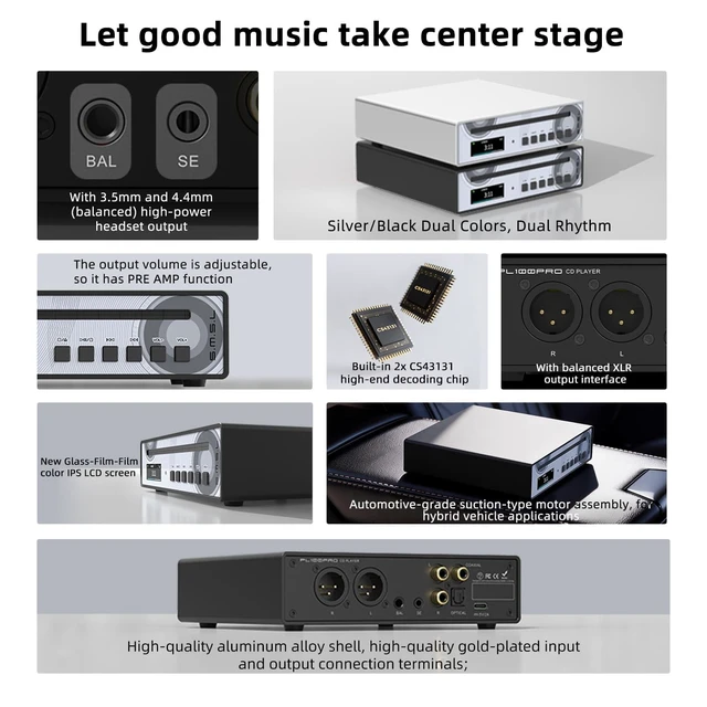 Alt view image 2 of 7 - SMSL PL100PRO CD Player CS43131*2 DAC Chips Lossless MQA Playback CD Transport Optical/Coaxial/RCA/XLR Balanced/3.5mm/4.4mm Headphone Output for Home,Car Playback with Remote Control Black
