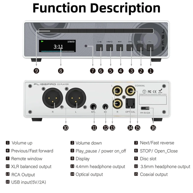 Alt view image 3 of 7 - SMSL PL100PRO CD Player CS43131*2 DAC Chips Lossless MQA Playback CD Transport Optical/Coaxial/RCA/XLR Balanced/3.5mm/4.4mm Headphone Output for Home,Car Playback with Remote Control Black